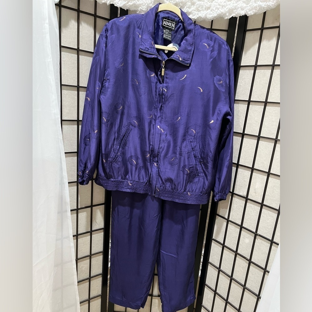 Vintage Purple Track Suit ABVIEN, SILK WITH GOLD METALLIC PRINT, SIZE LARGE: